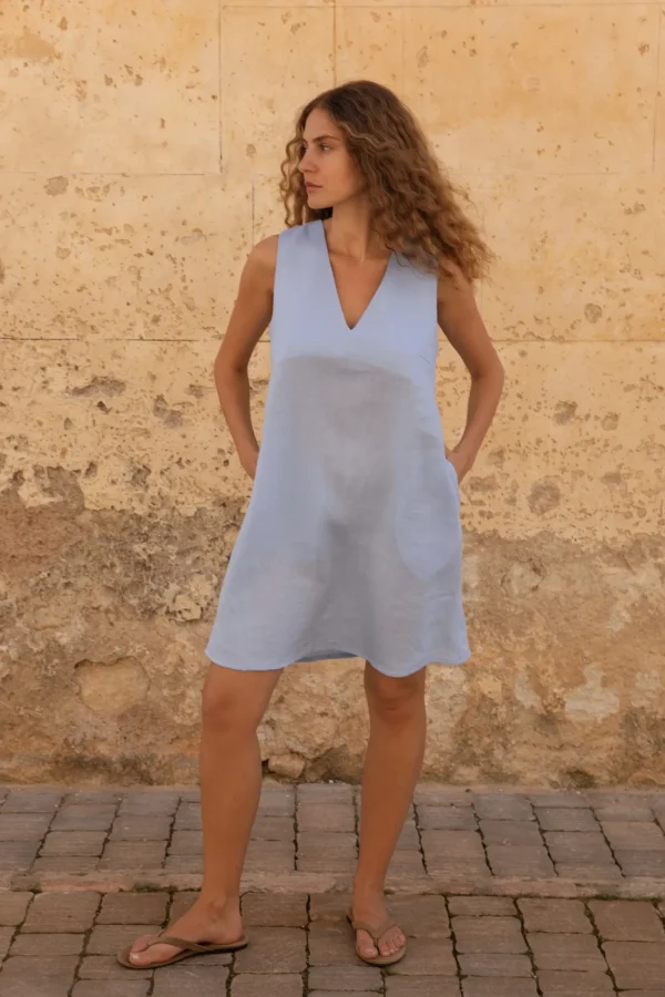 Lniana sukienka Mini V Harmony - Sky Blue